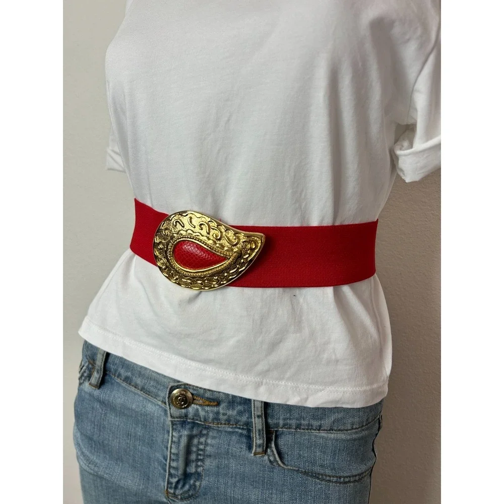 Vintage 1991 Red Stretch Waist L Belt Huge Gold Ornate Paisley Statement Buckle